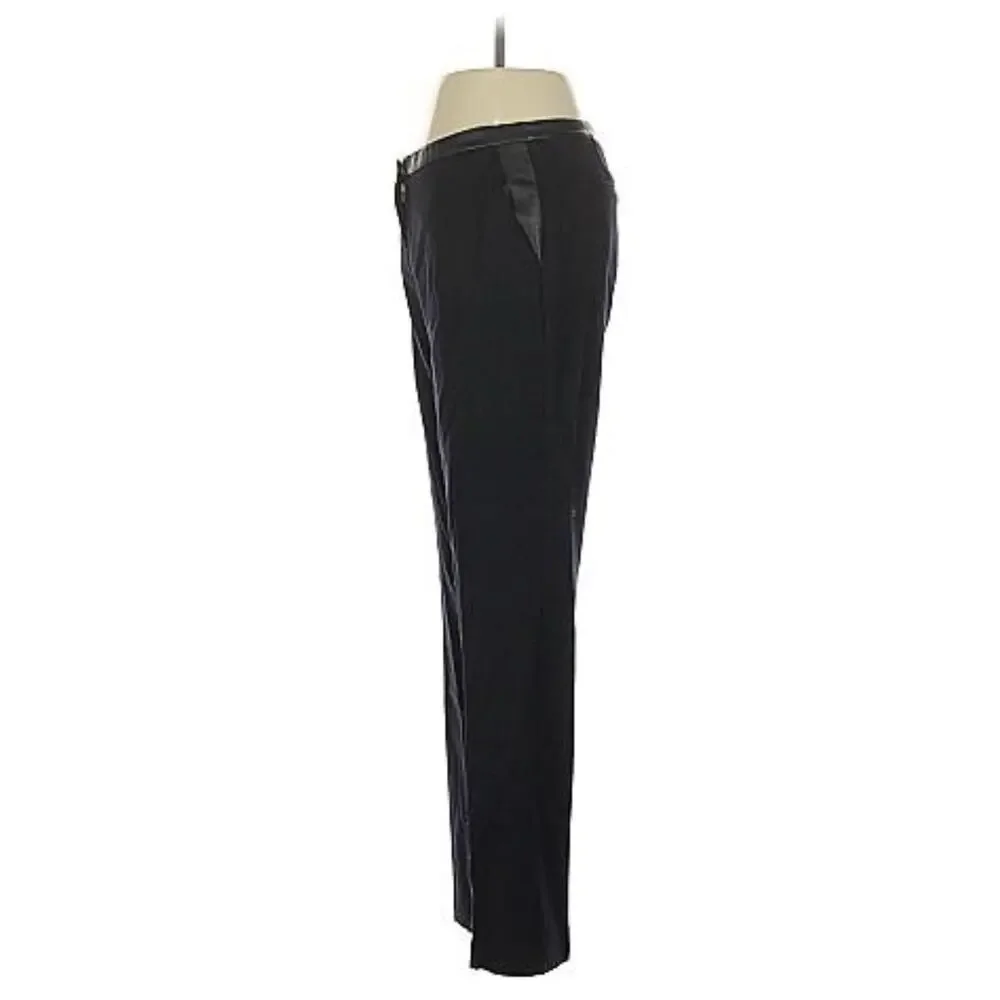 Tory Burch Black Wool Blend Straight Leg Dress Pants Leather Trim Size 2
